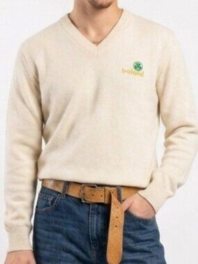 Vintage Traditional Craft Ireland Shamrock Ivory V-Neck Sweater 40/42 M/L